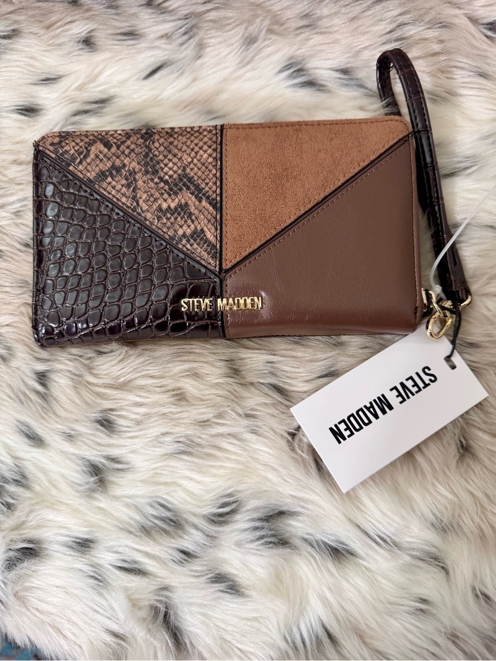 Steve Madden Brown Patchwork Wristlet snake,croc,suede,chocolate brown, NWT